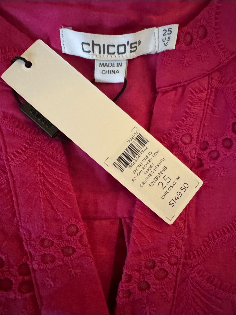 NWT Chico's Fuchsia Eyelet Shift Dress - Picture 3 of 8